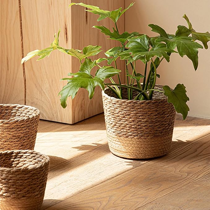 Handwoven Plant Basket, Straw Weaving Flower Basket Woven Storage Baskets Large Plant Pot Container Decoration for Indoor Flower Pots Cover Storage Outdoor Garden Decoration