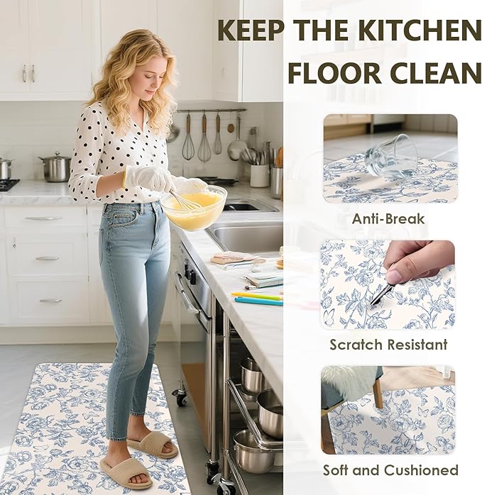 Flower Rugs for Kitchen Floor, 2PCS Anti Fatigue Mats for Kitchen Floor Rubber Non Slip, Washable Cushioned Carpet Rug for Sink Laundry Gifts for Christmas 15.7"×27.5" +15.7"×47" 3.5mm BlueFloral