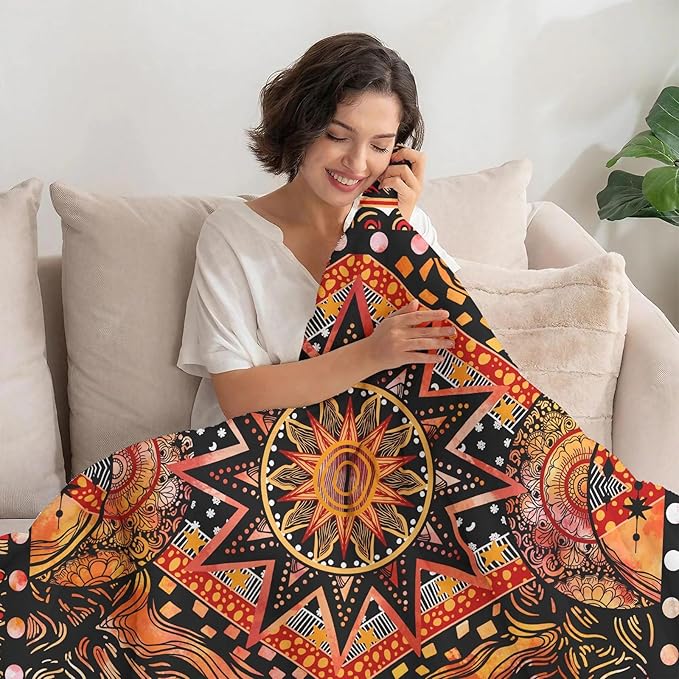 kampdream Orange Ceometric Art Throw Blanket, Hippie Abstract Sun and Moon Yellow Aesthetic Comforter Nap Throws for Couch Chair Bed Decor Comforter 68×90 inch