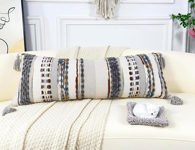 Chenille and Cotton Long Pillow for Bed, Striped Textured Boho Lumbar Throw Pillow Cover 16x36, Neutral Accent Decorative Extra Long Body Pillow Case for Couch, Sofa, Bedroom, Brown-Grey