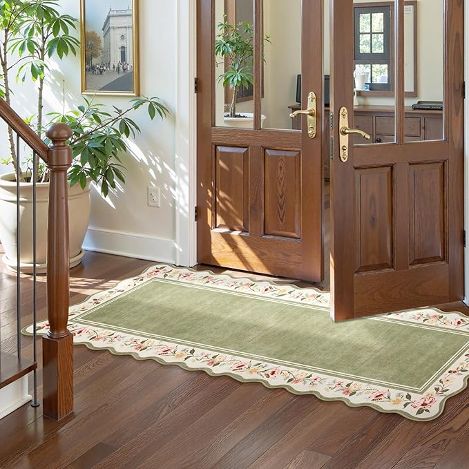 Lahome Floral 2'x 6' Washable Kitchen Runner Rug, Green Rug Runners for Hallways Non Slip, Scalloped Runner Rug Ultra-Thin Stain Resistant Boho Carpet for Entryway Bathroom Bedroom Ariele（Green，2x6ft）