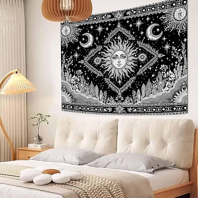 Accnicc Black and White Sun and Moon Tapestry Hippie Boho Celestial Wall Tapestry for Bedroom Aesthetic Vintage Plant Spiritual Small Tapestries Wall Hanging for Dorm Living Room Decor 48 x 36 Inch