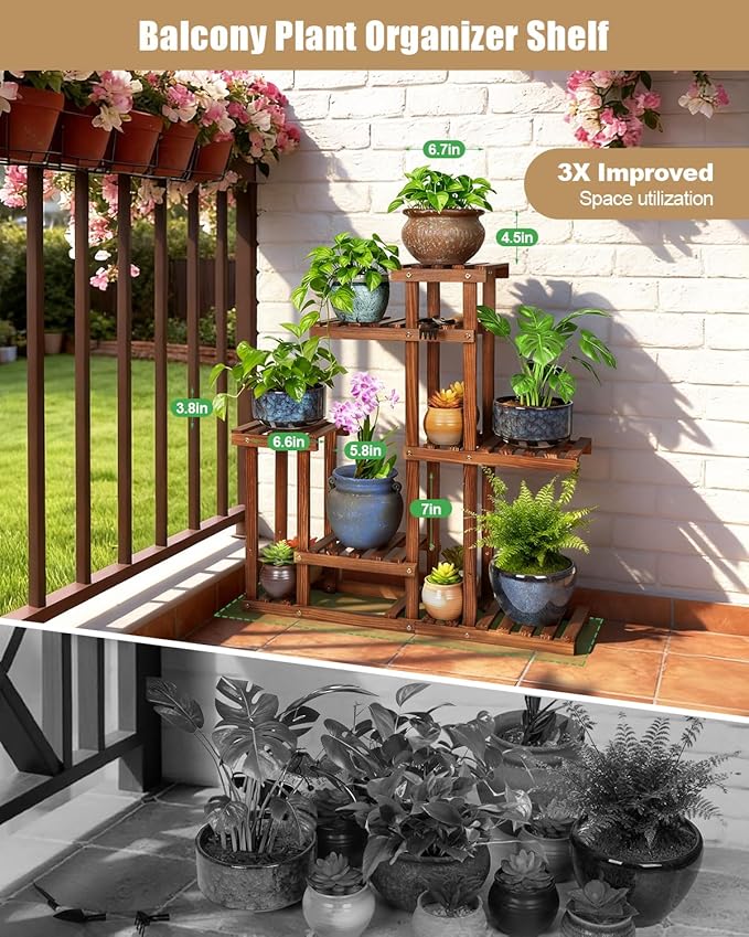 Carbonized Wood Plant Stand, 6-Tier Indoor Tiered Plant Shelves, Space-Saving Narrow Wood Plant Rack for Multiple Plants, Sturdy Flower Stand for Living Room/Balcony/Garden/Outdoor, Easy Assembly