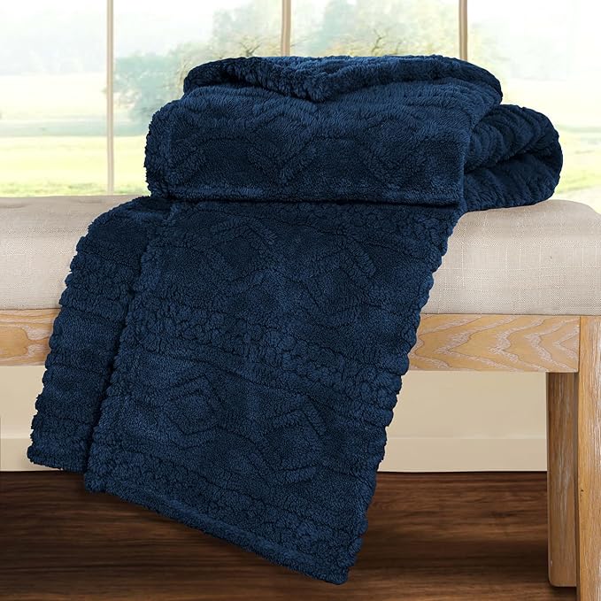 Superior Fleece Boho Jacquard Blanket, Decorative Blankets for Bedroom, Sofa, Plush, Fluffy, Soft, Cute Room Decor, Beautiful Cover, Comfort Essentials, Arctic Collection, Full/Queen, Navy Blue