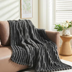 NEWCOSPLAY Super Soft Twin Blanket Grey Premium Silky Flannel Fleece 3D Ribbed Jacquard Lightweight Bed Blanket All Season Use (Grey Ribbed, Twin(60"x80"))