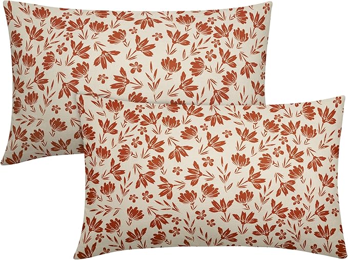 Burnt Orange Floral Pillow Covers 12x20 Set of 2 Vintage Rustic Old Style Cute Flower Cream Print Rectangle Decorative Outdoor Pillowcases Fall Farmhouse Throw Cushion Case Couch Sofa Bed Decor