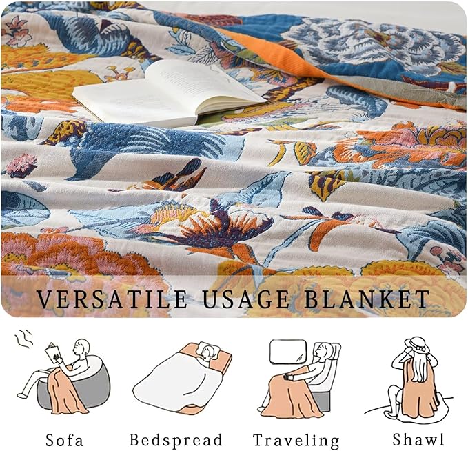 Boho Blanket Soft Muslin BohoThrow Blanket, 100% Cotton Floral Printed Farmhouse Decor All Season Reversible Rustic Throw for Sofa Couch Chair (Beige, 90"x98")