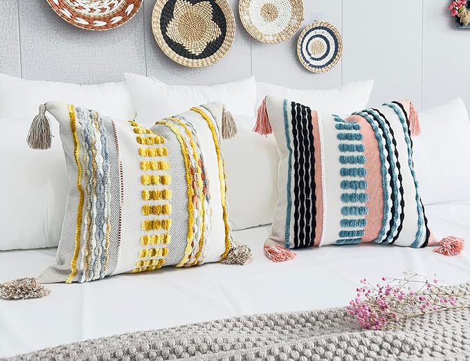 Boho Throw Pillow Covers 16x16 Aesthetic Neutral Boucle Couch Pillow Cover Rainbow Striped Decorative Accent Pillow Case for Couch Bed Sofa Farmhouse Bedroom,Modern Funky,Set of 2 Turquoise