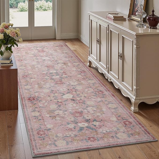 AMOAMI Vintage Floral Runners for Hallways Indoor, 2x6 Kitchen Runner Rug Non Slip Machine Washable Entryway Rug Runner Ultra Soft Boho Carpet Runner for Hallway Kitchen Bedside Entryway, Pink