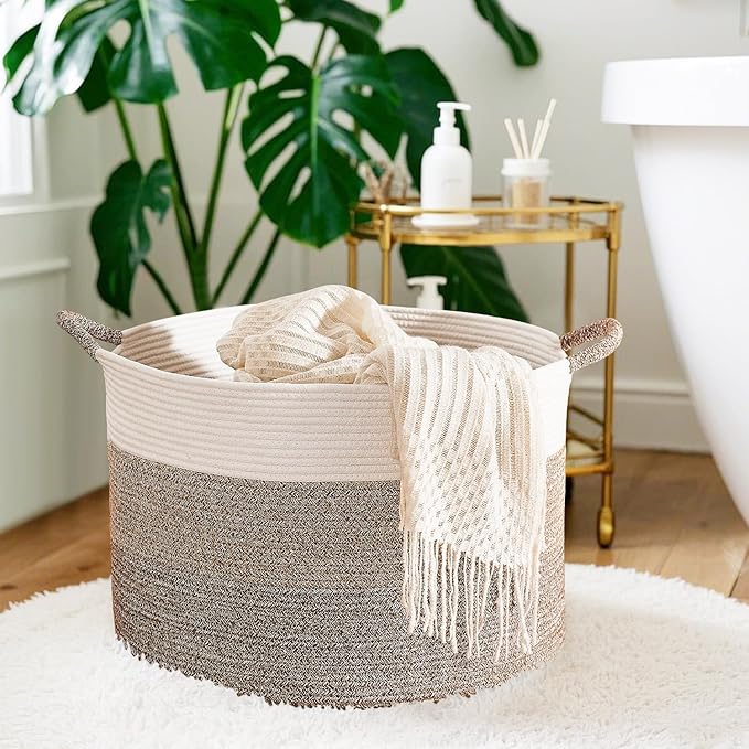 CLHMILY&Z Round Cotton Rope Storage Basket - 22x14.2 Inches - Stylish Nursery Storage Bin, Baby Toy Organizer, Soft Cotton Basket for Home Decor, Multi-Purpose Storage Solution