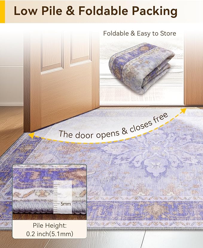 Area Rugs 4'x6' Washable Non-Slip, Floral Vintage Distress Print Pattern Medallion Carpet for Living Room Bedroom Dining Room, Light Purple Brown