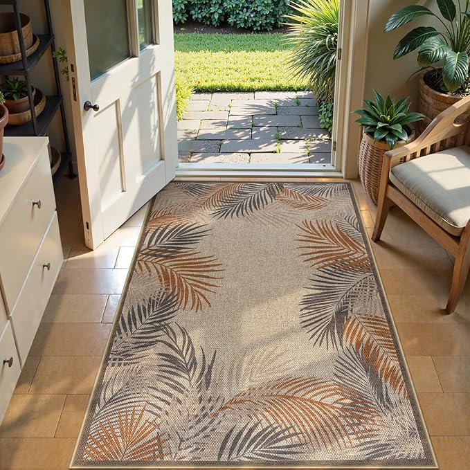 LIVEBOX Modern 3x5 Jute Outdoor Patio Rug, Washable Rugs for Entryway Porch, Tropical Leaf Boho Farmhouse Carpet, Non Slip Front Door Mat for Outdoor Indoor Entryway Decor (Beige 3'x5')