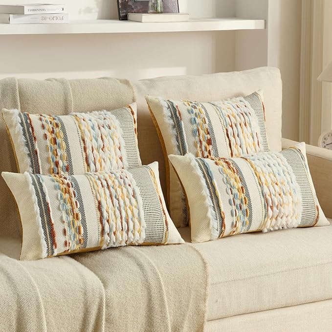 FUTEI Rust Blue Yellow Accent Throw Pillow Covers Set of 2, 20x20 Inch Plush Tufted Striped Textured Decorative Cushion Cases for Farmhouse Boho Couch Decor