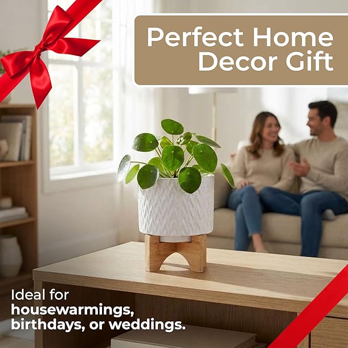 Ceramic Planter with Elevated Stand – Bamboo Indoor Plant Stand, Display for Greenery, Shelf or Patio Placement – Textured Round Design for Sculptural Height, Home Decor, Outdoor Decor – 8", White
