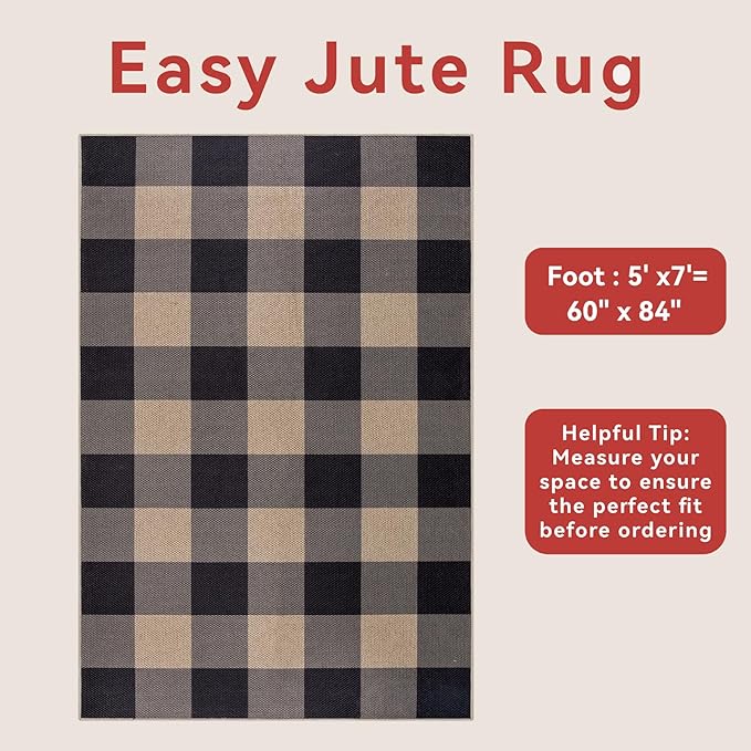 Tangsoo Checkered Easy Jute Rug 5x7 Large Washable Area Rug for Dining Room,Non-Slip Black Grey Indoor Outdoor Rug,Modern Thin Mat Outdoor Carpet for Living Room Bedroom Patio