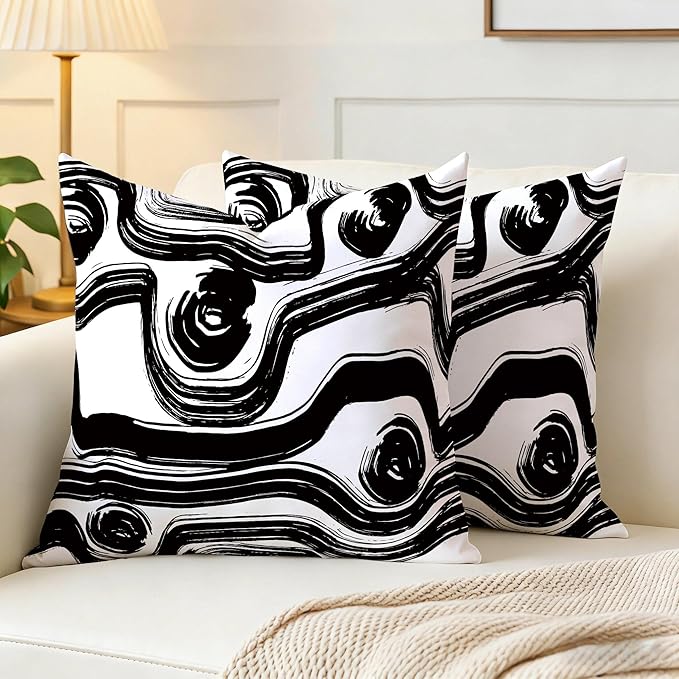 Abstract Black and White Brush Stroke Throw Pillow Covers 18x18 Set of 2, Modern Geometric Art Cushion Cases, Minimalist Boho Decorative Pillowcases for Farmhouse Sofa Couch Living Room Bedroom Decor