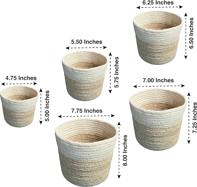 Planter Basket Set – 5-Piece Handwoven Jute Planter Basket for Home Decor, Nursery, or Indoor Plants (5'' to 8'' Diameter, 4.75'' to 7.75'' Height) – Fold & Wrinkle Free - Speckled Gray with White Top