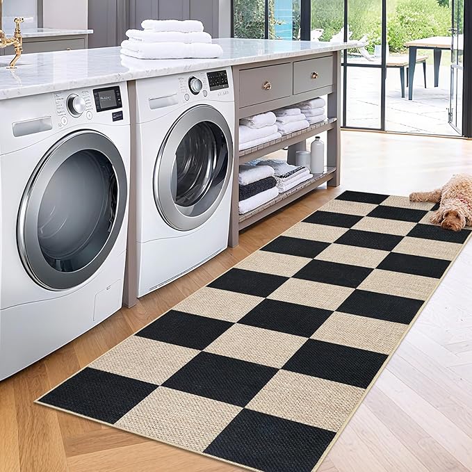 GarveeHome Easy Jute Rugs 2x8 Checkered Kitchen Runner Rugs Non Skid Washable Stain Resistant Indoor Outdoor Rugs for Living Room, Bedroom, Dining, Patio - Farmhouse Style Black