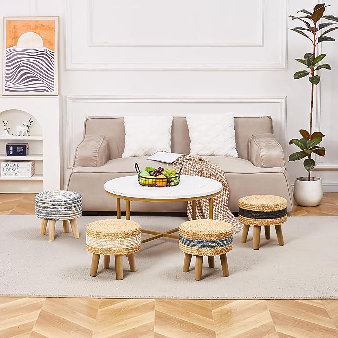 Cpintltr Round Ottoman Natural Seagrass Footstool Hand Weave Water Hyacinth Poufs Eco Friendly Sofa Foot Stool Soft Step Stool Padded Foot Rest with Pine Legs for Living Room (White)