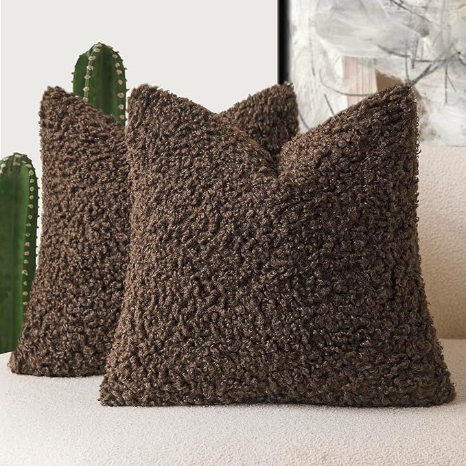 Foindtower 2 Pieces 24x24 Inch Dark Brown, Faux Fur Throw Pillow Cover Accent Sherpa Furry Pillow Covers Fuzzy Soft Pillowcases Cozy Sheepskin Decorative Fleece Cushion Case for Bed Couch Living Room