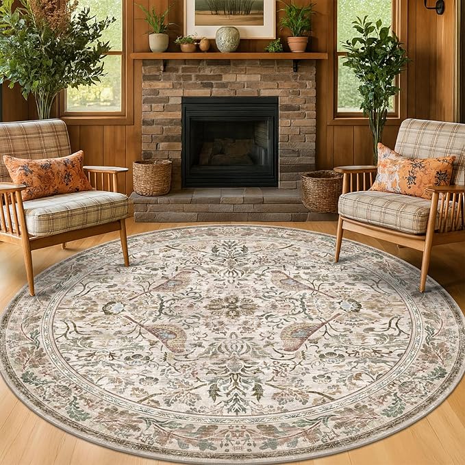 Boho 6ft Area Round Rug for Living Room - Floral Vintage Circular Rug for Kids Bedroom, Dining Room, Home Office, Washable Low Pile Non Slip, Moss Green & Olive Indoor Aesthetic Décor