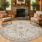 Boho 6ft Area Round Rug for Living Room - Floral Vintage Circular Rug for Kids Bedroom, Dining Room, Home Office, Washable Low Pile Non Slip, Moss Green & Olive Indoor Aesthetic Décor