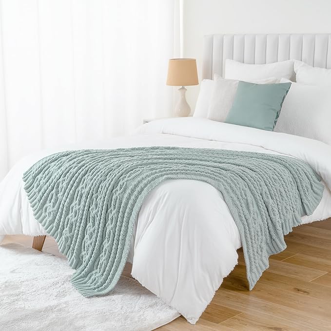 Battilo Sage Green Throw Blanket for Couch, 51"x67", Soft Cozy Chenille Throw Blanket, Knit Blanket Sage Throw, Decorative Boho Throw Blanket for Living Room