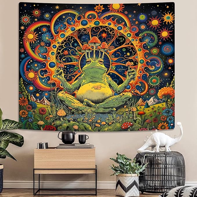 ARTCREATOR Funny Vintage Frog Mushroom Tapestry, Galaxy Space Planet Home Decor Hippie Wall Tapestries for Living Room Bedroom (70" x 90")