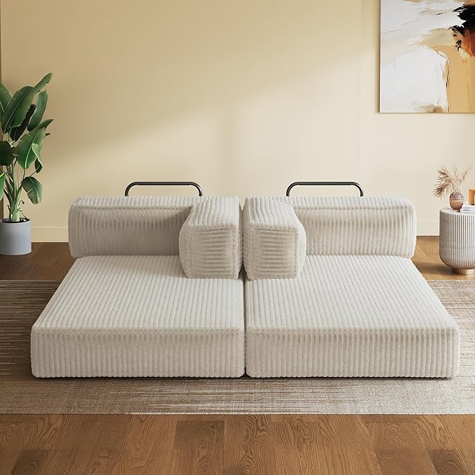 WLIVE 60'' Futon Sofa Bed, Convertible Sleeper Sofa, Folding Pull Out Couch Boneless Mattress with Fixed Frame, Corduroy, Greyish Beige