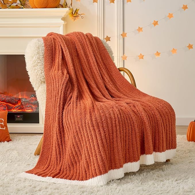 Snuggle Sac Ribbed Burnt Orange Fall Throw Blanket for Couch, Fuzzy Microfiber Knit Blankets for Couch, Sofa, Travel, Burnt Orange, 50x60 inches