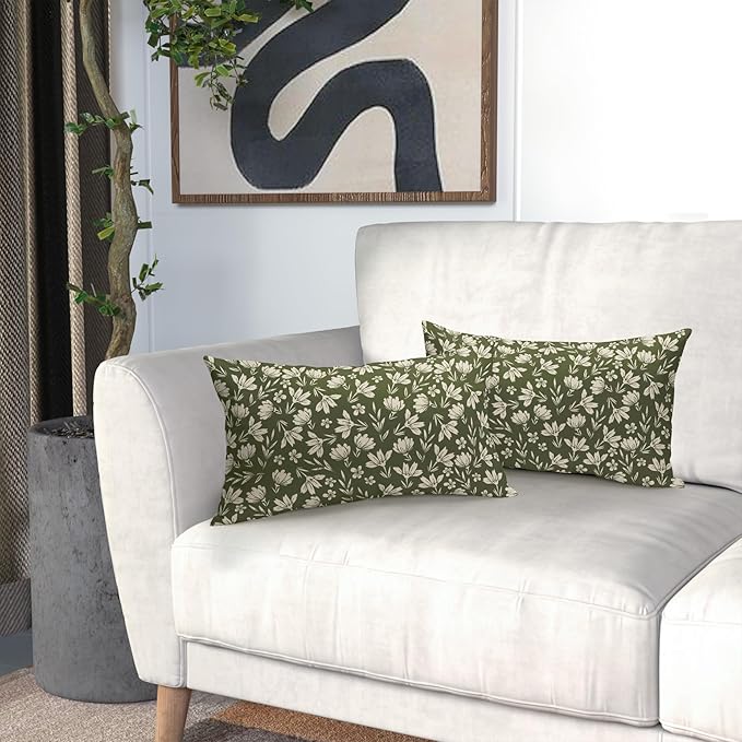 Olive Green Pillow Covers 12x20 Set of 2 Vintage Floral Rustic Old Style Cute Flower Print Rectangle Decorative Outdoor Pillowcases Seasonal Farmhouse Throw Cushion Case Couch Sofa Bed Decor