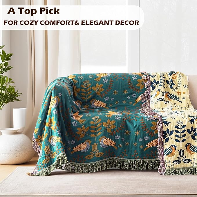 Boho Throw Blanket, 100% Organic Cotton Breathable Ultra Soft 91" x 108" King Bed Quilt Throw - Floral Rustic Bird Farmhouse Decor Luxury Blanket for Sofa Couch Chair and Gift,Teal/Beige