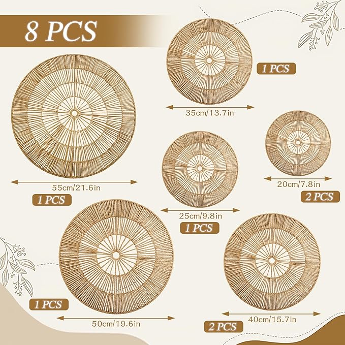 YIYA Set of 8 Boho Wall Decoration Jute Wall Decor Baskets Round Hand Woven Wicker Rattan Wall Art for Living Room Farmhouse Bedroom Nursery