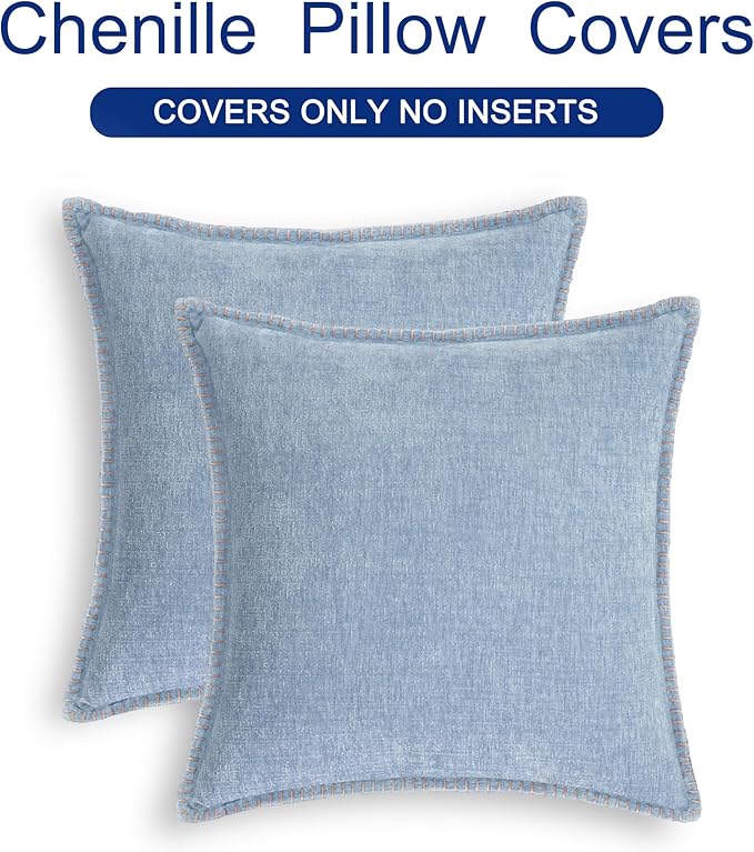 CaliTime Throw Pillow Covers Decorative 26 X 26 Inches Pack of 2 Cotton Thread Stitching Edges Solid Dyed Soft Chenille Cushion Cases for Couch Sofa Bed Living Room Farmhouse Baby Blue