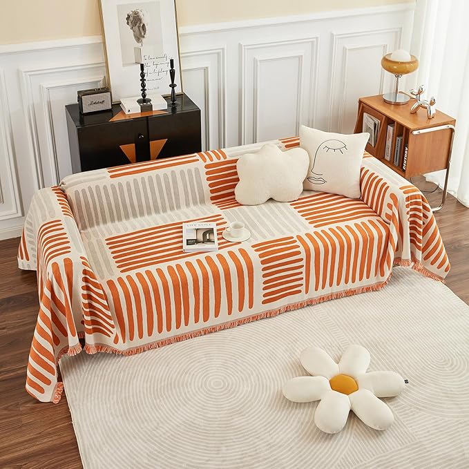 ROOMLIFE Chenille Couch Cover Minimalist Anti-cat Scratch Soft Chenille Sofa Towel Blanket Four Season Use Dust-Proof Sofa Towel Blanket,Pet Furniture Protector, Orange 71"x150"