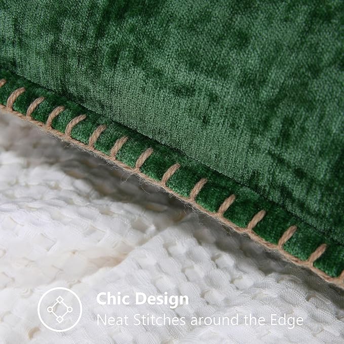 decorUhome Chenille Soft Cozy Throw Pillow Covers 22x22 Set of 2, Modern Farmhouse Boho Velvet Decorative Euro Sham Pillow Cases with Stitched Edge for Couch Sofa Bed Home Decor, Green