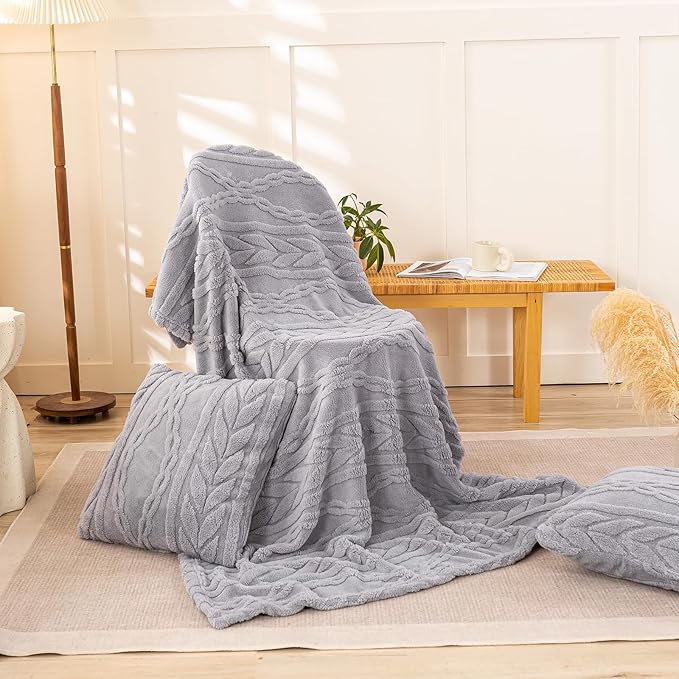 YUSOKI Sherpa Large Throw Blanket Single Layer,Light Weight(1.7lb),370GMS-3D Stylish Design for Gift Home Decor (Light Grey,50"x65")