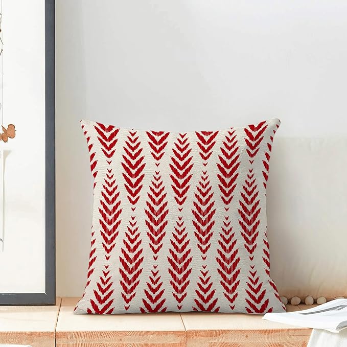 BETGINY Boho Pillow Covers 18 x 18 Inch Pack of 2, Red Bohemian Ethnic Herringbone Pattern Decorative Throw Pillow Covers Vintage Linen Farmhouse Outdoor Pillowcase for Bedroom Home Sofa Decor