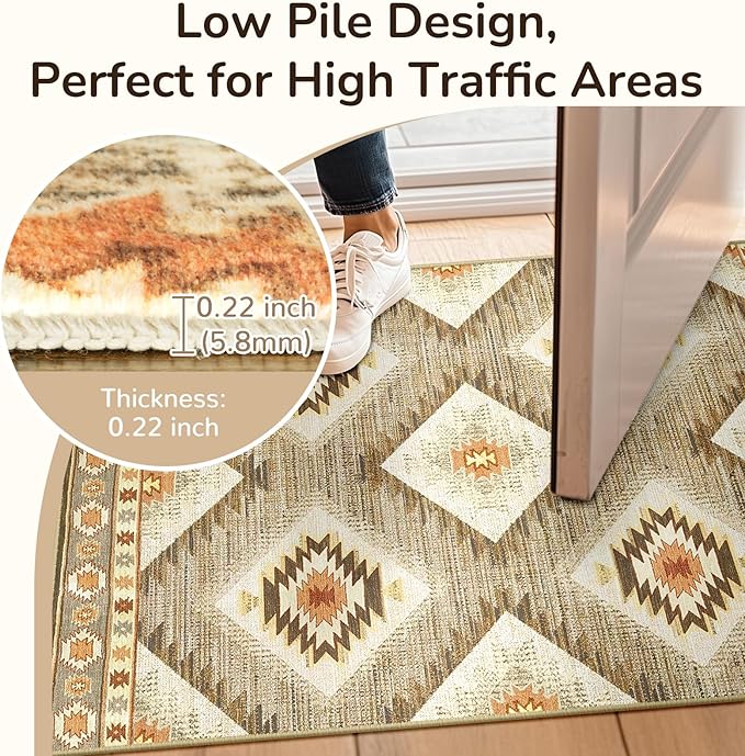 Area Rug 8x8 Rug Machine Washable Non-Slip Low Pile Print Pattern Western Rug for Living Room Bedroom Entryway Tribal Series -Cream/Camel
