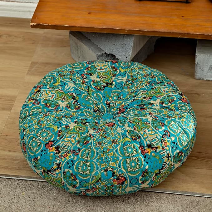 Moroccan Printed Round Chair Pads Cotton Linen Soft Comfort Chair Cushion Colorful Pompom Seat Cushions for Indoor Dining Room and Kitchen Chairs (Blue,22x22 Inch)