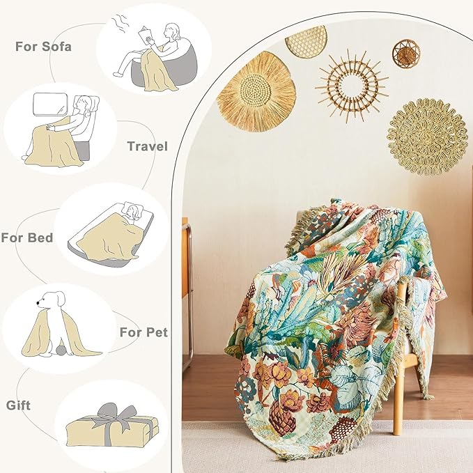 Boho Throw Blanket for Couch Sofa Chair Cotton Spring Blankets for Bedroom Living Room All Season Soft Lightweight Reversible Botanical Floral Embroidery Decorative Throws 50"x60" Home Decor