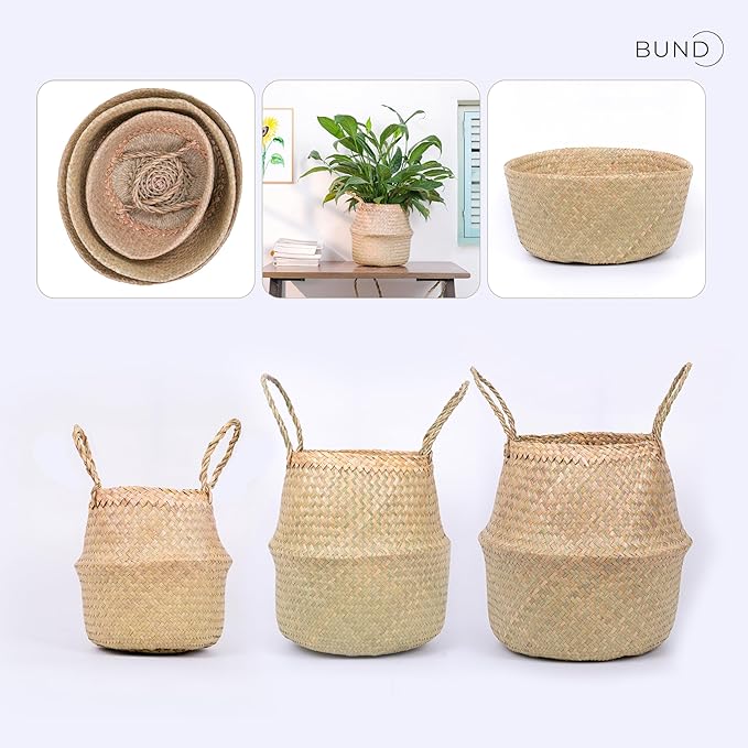 Woven Seagrass Belly Basket For Storage Plant Pot Baskets Laundry Picnic Grocery Baskets Woven Plant Pot Holder Home Decor For Storage Plants Wicker Laundry Basket (Large)