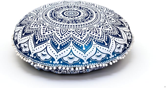 ICC 32" Blue Mandala Floor Pillow Cushion Cover Seating Throw Cover Hippie Decorative Bohemian Ottoman Poufs Cover, Pom Pom Pillow Cases, Boho Indian