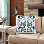 Tosleo Flower Embroidered Throw Pillow Covers 16x16 Pack of 2 Green Leaves with Birds Floral Tufted Pillowcases Spring Summer Decor Coastal Pillow Cushion Cases Square Navy Blue Flower Pillow Case
