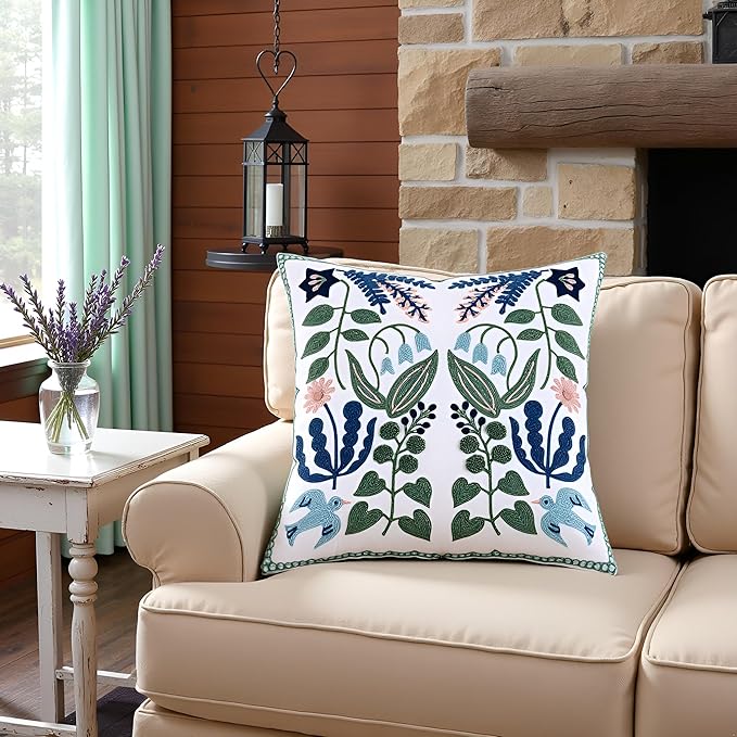 Tosleo Flower Embroidered Throw Pillow Covers 16x16 Pack of 2 Green Leaves with Birds Floral Tufted Pillowcases Spring Summer Decor Coastal Pillow Cushion Cases Square Navy Blue Flower Pillow Case