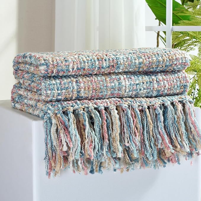 Multi-Color Pink Blue Cable Woven Throw Blanket for Couch,60"X80" Boho Style Textured Blankets for Home Decor,Super Soft Warm Cozy Chunky Blanket with Decorative Tassels for Bed