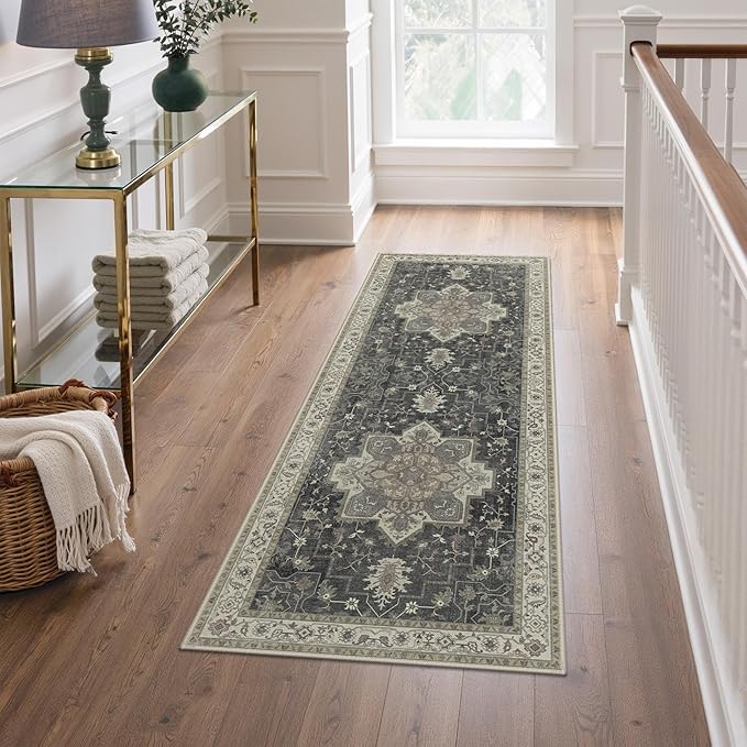 GENIMO 2x5 Runner Rugs for Hallway, Machine Washable Non Slip Vintage Rugs, Low Pile Lightweight Soft Print Rug for enrtyway, Corridor, Home, Office, Kitchen, Muted Charcoal Beige