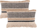 REDEARTH · Boho Textured Throw Pillow Cushion Covers - Lumbar Woven Tufted Decorative Farmhouse Cases Set for Couch, Sofa, Bed, Chair, Dining, Patio, Outdoor; 100% Cotton (12"x20", Black) Pack of 2