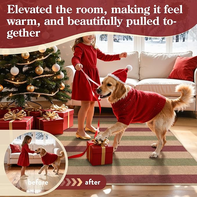 Lahome Christmas Outdoor Rug, 3x5 Christmas Decorations for Porch Entryway Front Door, Striped Plaid Decor Non Slip Non Shedding Red and Green Carpet for Foyer Patio
