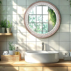 24 Inch Wooden Round Mirror for Wall Decor, Farmhouse Boho Circle Mirrors with Beaded Frame, Decorative for Bedroom, Bathroom, Living Room, Entryway